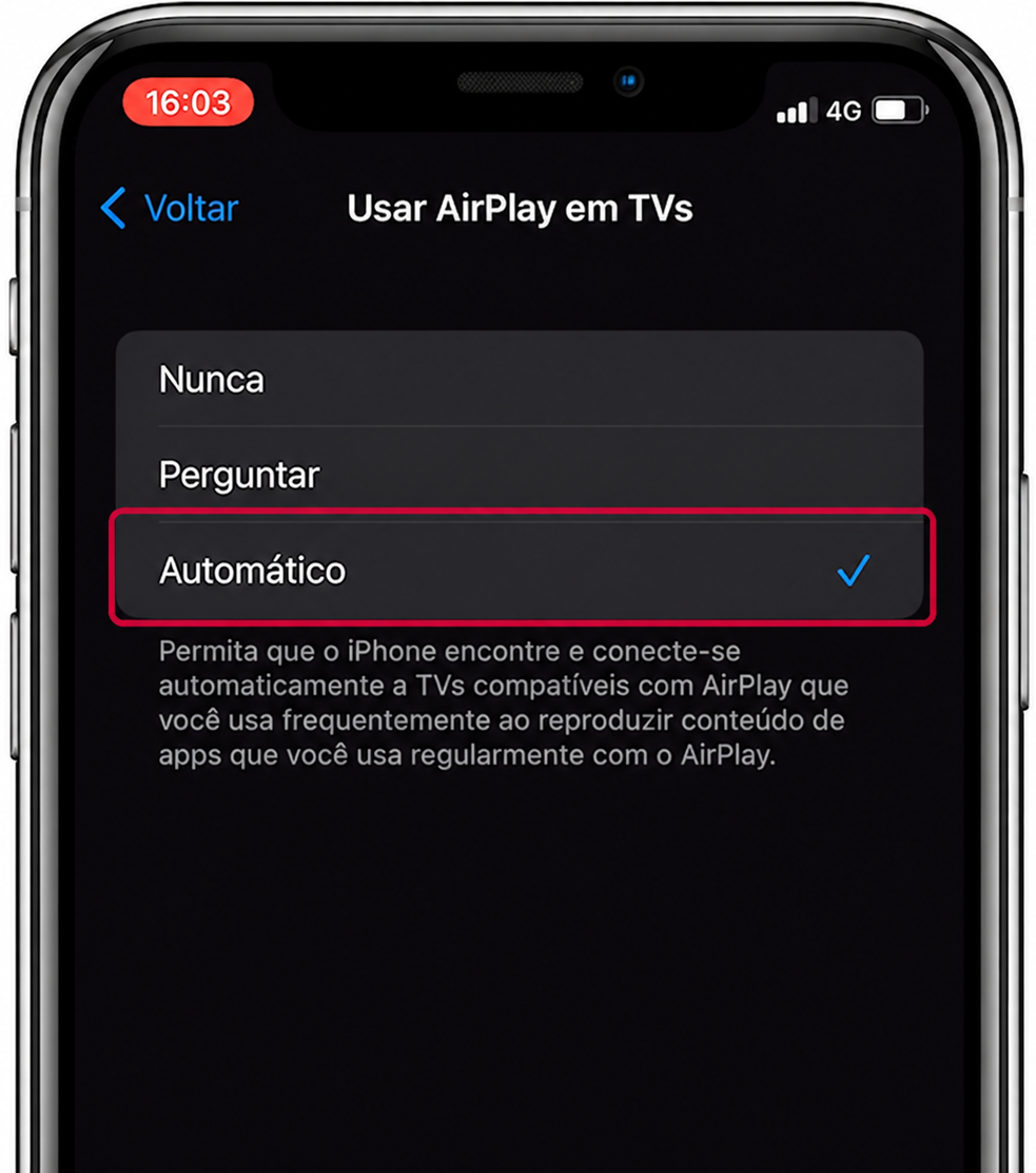 Captura de tela mostrando a opção Automático nas configurações de AirPlay do iPhone