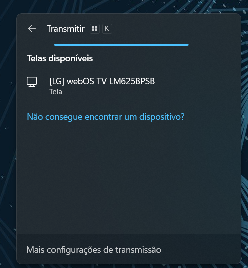 Captura de tela mostrando o painel de transmissão do Windows após pressionar Windows + K
